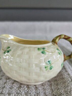 Vtg Belleek Shamrock Basketweave Shamrock Creamer Made in Ireland 4-6 Mark